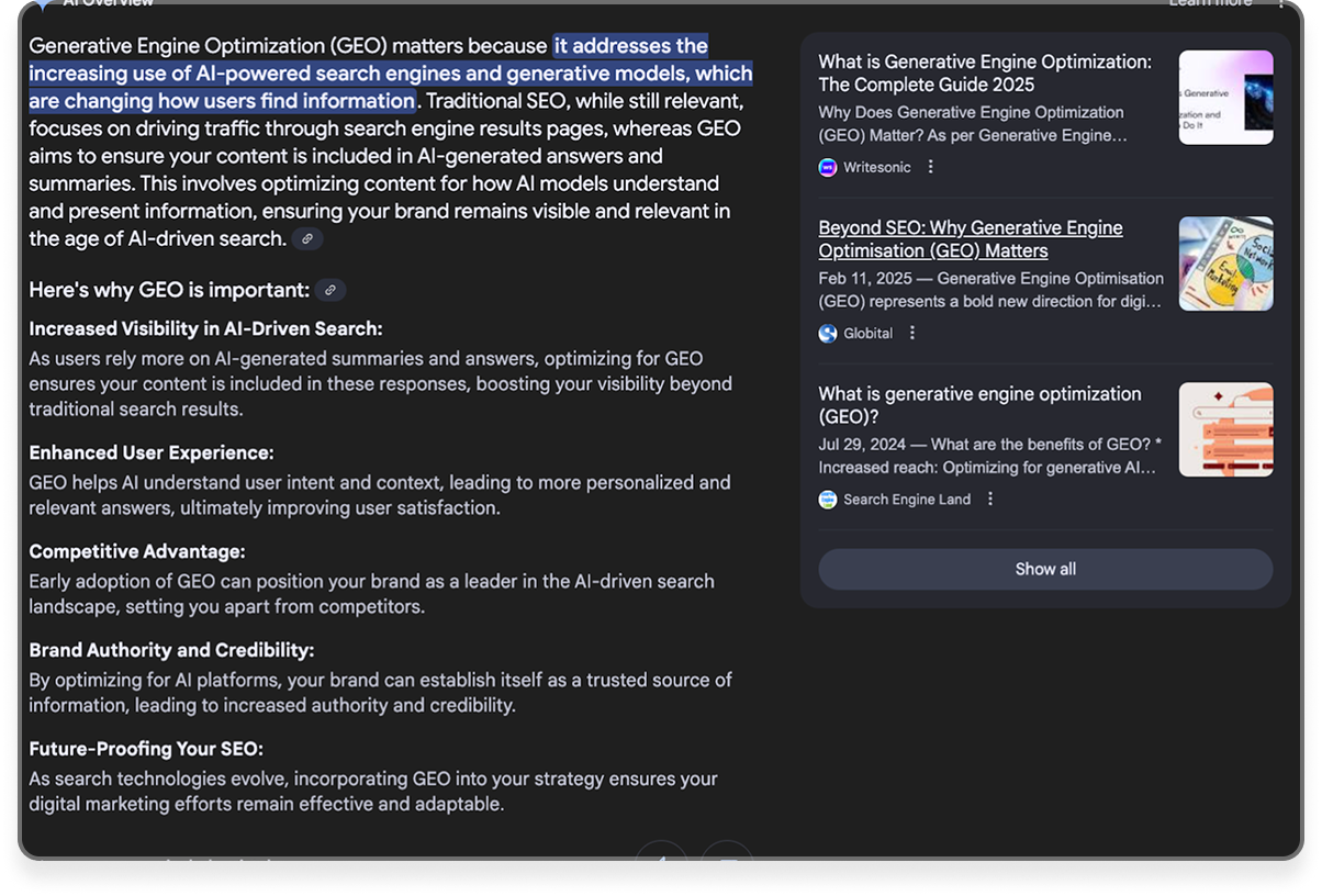 LLM SEO Optimization example AI search results with citations